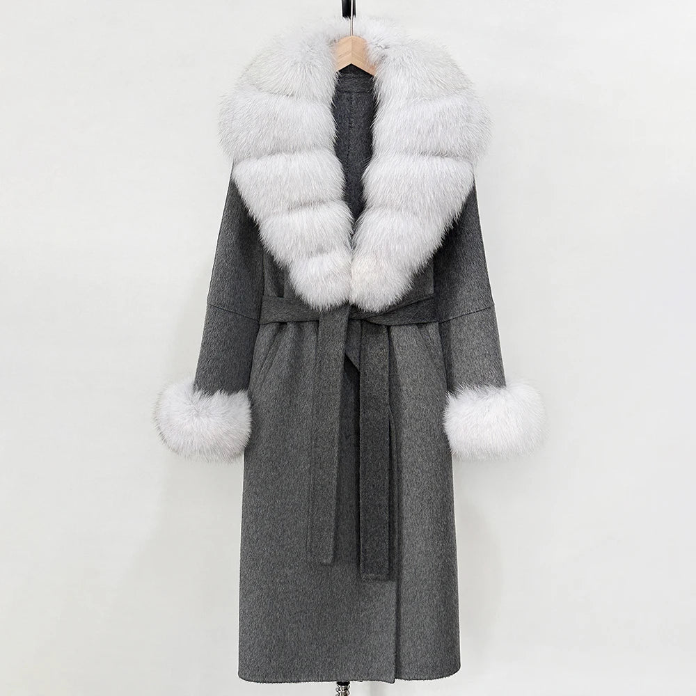 OFTBUY New Women's Double-Faced Wool Coat with Large Real Fox Fur Belted Warm Winter Luxury Fashion Outerwear Woolen Jacket Lady