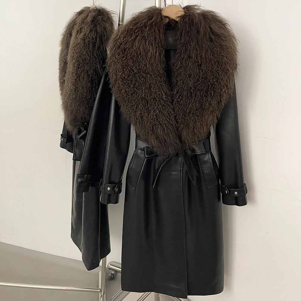 OFTBUY New Women's Long Faux Leather Trench Coat with Real Mongolian Sheep Fur Collar Belted Waist Luxury Jacket Warm Outerwear