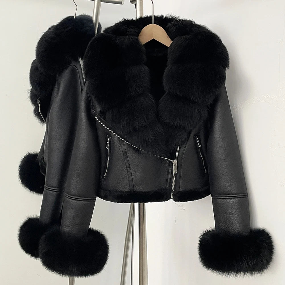 OFTBUY New Winter Real Fox Fur Collar and Cuffs Clothes Women Short Faux Leather Fake Fur Inner Jacket Female Thick Warm Coat