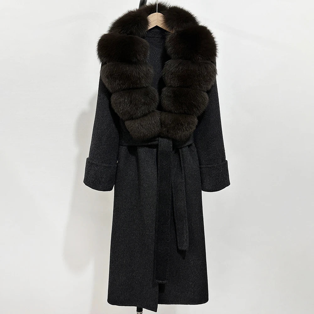 OFTBUY Long Belt 100% Wool Coat with Real Fox Fur Collar Warm Natural Fur Woolen Jacket Female New Autumn Winter Clothing Women