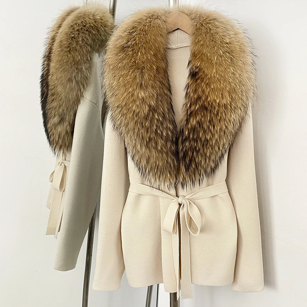 OFTBUY Fashion Real Fox Fur Collar Sweater Lady Loose Luxury Jacket Women's Clothes New Spring Autumn Belt Knit Cardigan Female