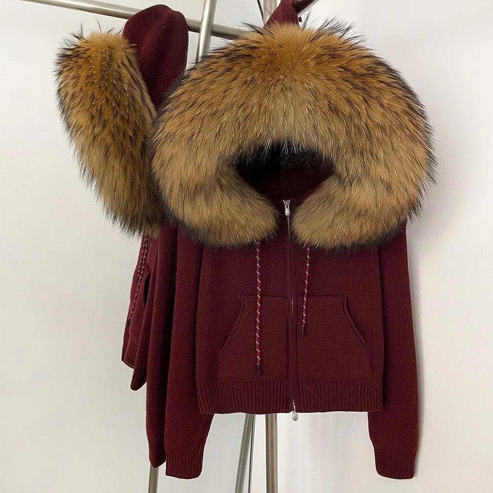 OFTBUY New Women's Beige Knit Hoodie with Large Real Fox Fur Trim Zipper Pockets Warm Winter Fashion Casual Outerwear Lady
