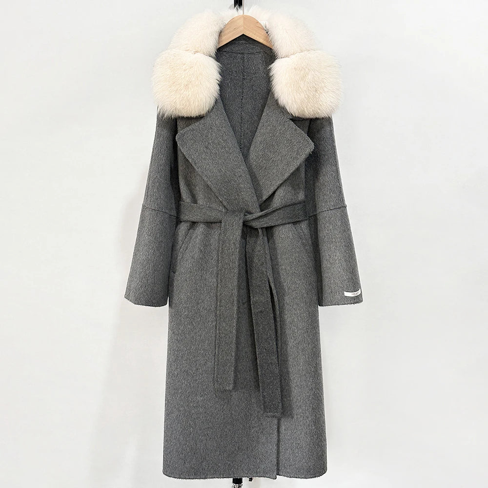 OFTBUY Belted Long Warm Winter Elegant Fashion Outerwear New Women's Double-Faced Wool Coat with Real Fox Fur Collar
