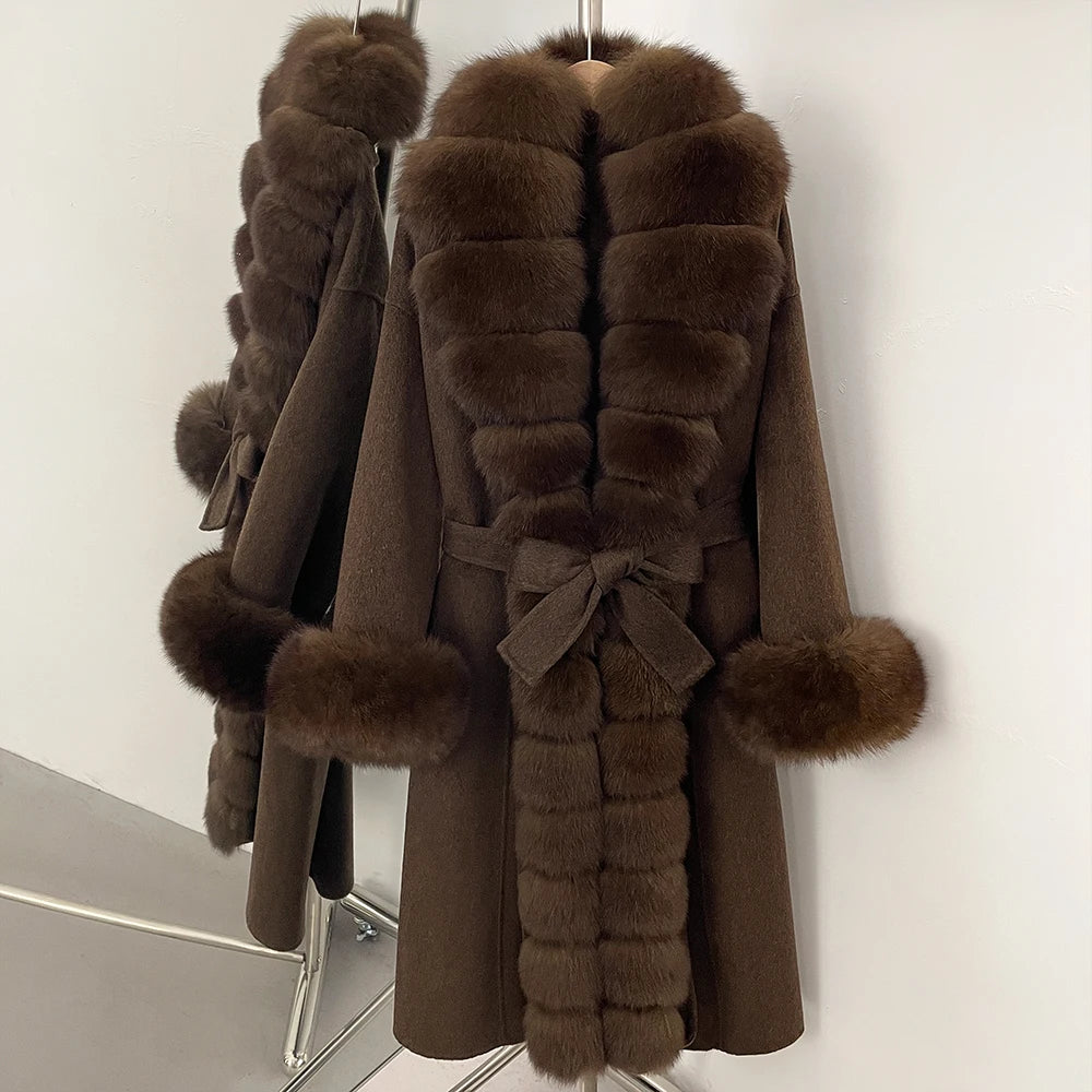 OFTBUY Long Big Fox Fur Pinnacle 100% Wool Coat Female New Autumn Winter Clothes Women Belt Natural Fur Collar Woolen Jacket