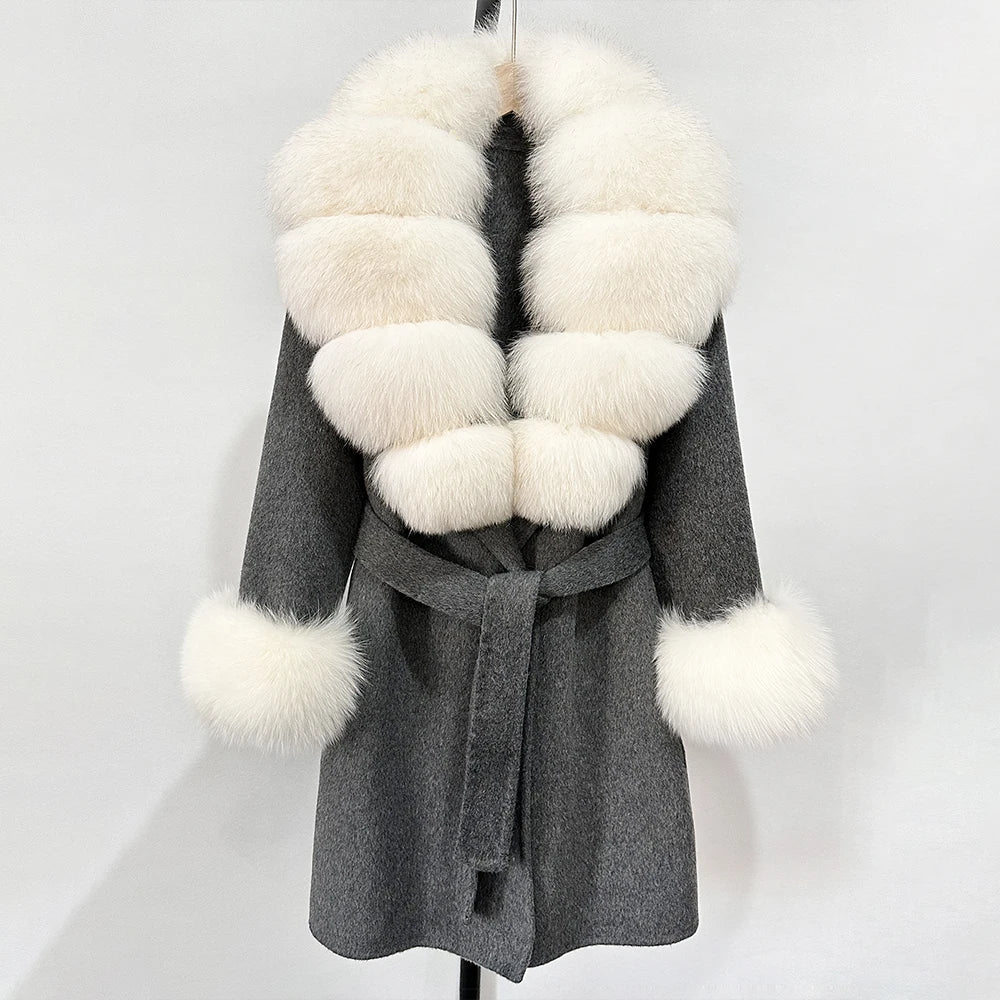 OFTBUY New Autumn Winter Top Clothes Women Belt Natural Fur Wool Coat Female Fashion Warm Woolen Jacket with Real Fox Fur Collar