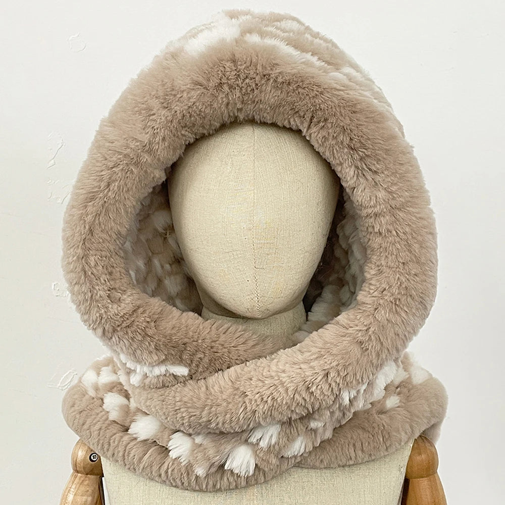 OFTBUY Thick Warm Windproof Natural Rabbit Fur Hat with Scarf Women New Winter Cute Cycling Cap Child Fluffy Rea Fur Neckerchief