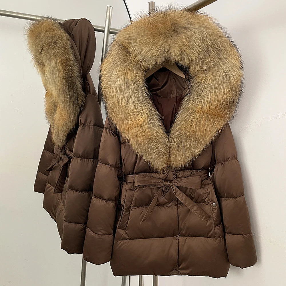 OFTBUY New Women's Duck Down Jacket with Large Real Fox Fur Hood Belted Waist Warm Winter Puffer Coat Lady Luxury Outerwear