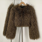OFTBUY Faux Fur Coat for Women Fur Fluffy Autumn Short Fur Coat Eco-friendly Warm Female New Winter Jacket Long Sleeves O-neck