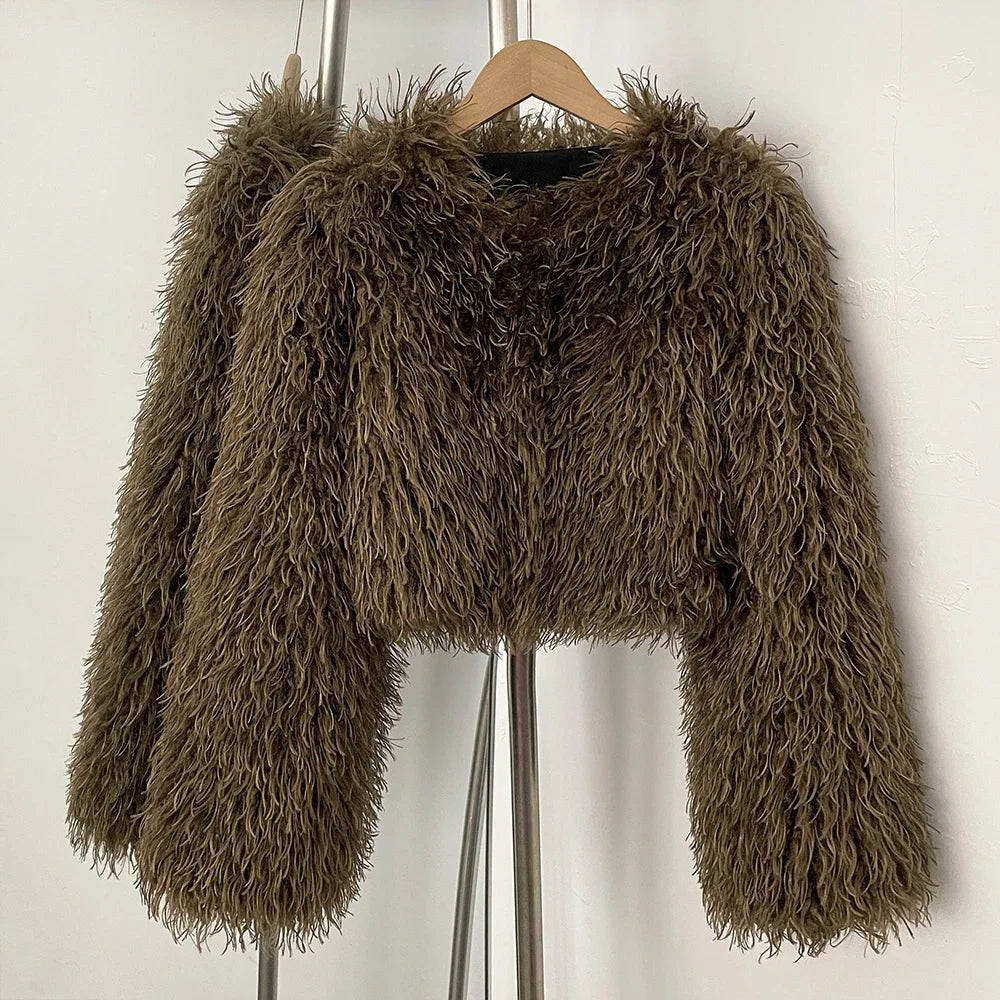 OFTBUY Faux Fur Coat for Women Fur Fluffy Autumn Short Fur Coat Eco-friendly Warm Female New Winter Jacket Long Sleeves O-neck