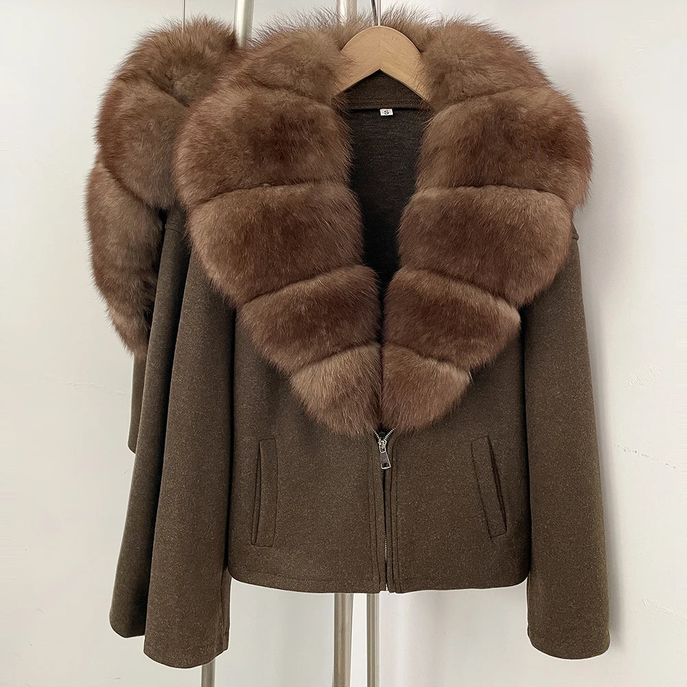 OFTBUY Women's Luxury Real Fox Fur Collar Knit Coat Warm New Autumn Winter Jacket Female Elegant Cardigan Sweater Outerwear