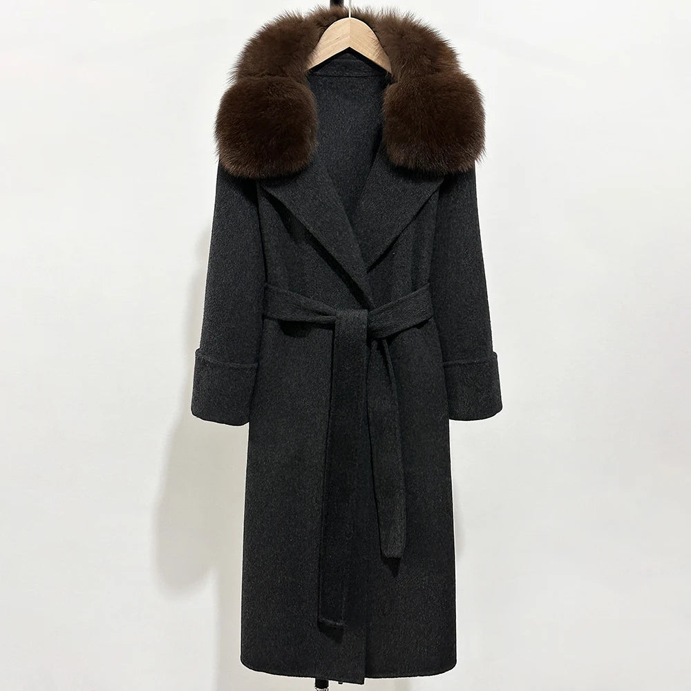 OFTBUY Belted Warm Winter Elegant Fashion Outerwear Female New Women's Double-Faced Wool Coat with Large Real Fox Fur Collar