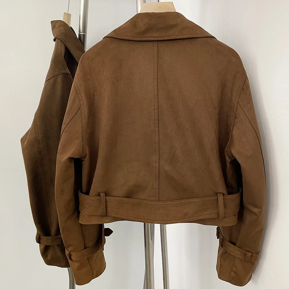 OFTBUY Lapel Collar Belted Waist Buckled Cuffs Casual Fashion Outerwear female New Women's Faux Suede Cropped Trench Jacket