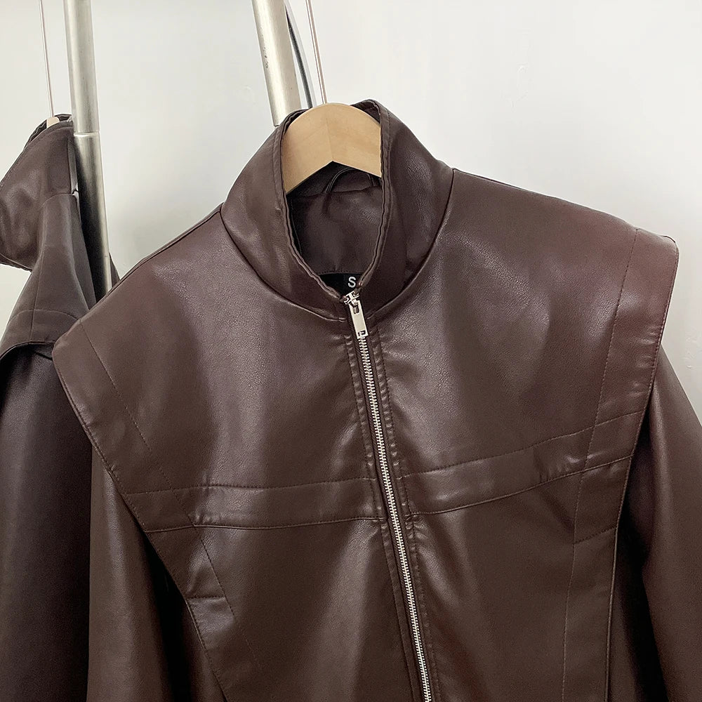 OFTBUY New Spring Autumn Clothes Wholesale Faux Leather Jacket Women Fashion Short Fake Leather Female Short Brown Overcoat Lady