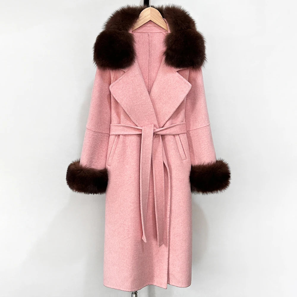 OFTBUY Belted Long Warm Winter Elegant Fashion Outerwear New Women's Double-Faced Wool Coat with Real Fox Fur Collar and Cuffs