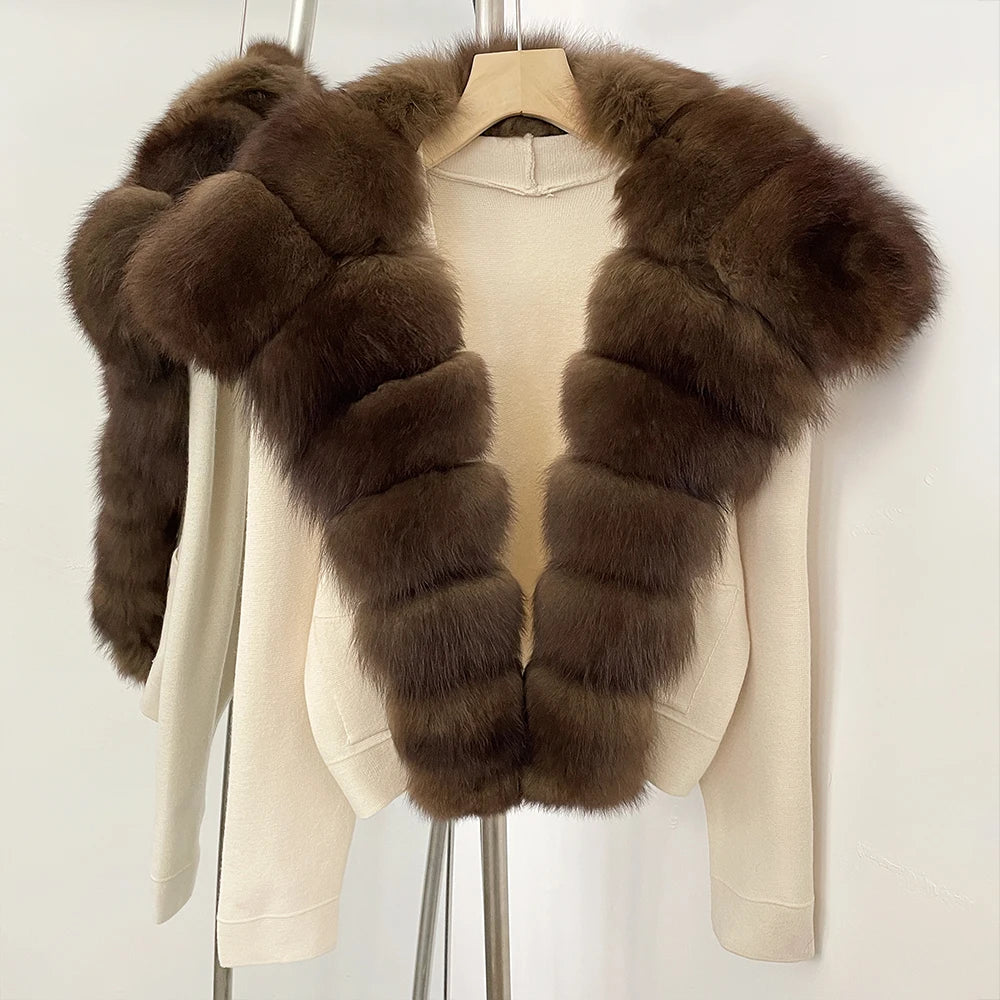 OFTBUY Women's Short Cardigan with Big Real Fox Fur Collar New Autumn Winter Knit Clothing Female Natural Fur Warm Sweater Lady