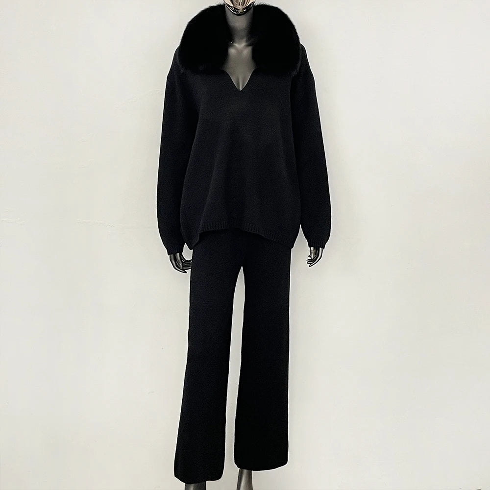 OFTBUY New Women's Knit Two Piece Set with Real Fox Fur Collar Loose Pants Warm Winter Elegant Casual Outfit Sweater Female