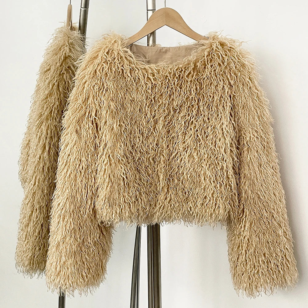 OFTBUY Cropped Faux Mongolia Sheep Fur Jacket
