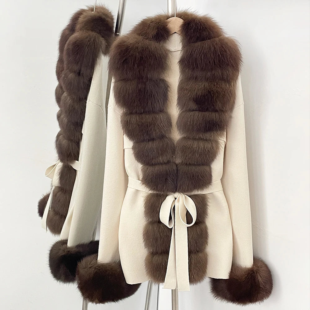 OFTBUY New Spring Autumn Clothing Women Fashion Real Fox Fur Kint Cardigan Female Belt Luxury Loose Fur Cuffs Sweater Jacket