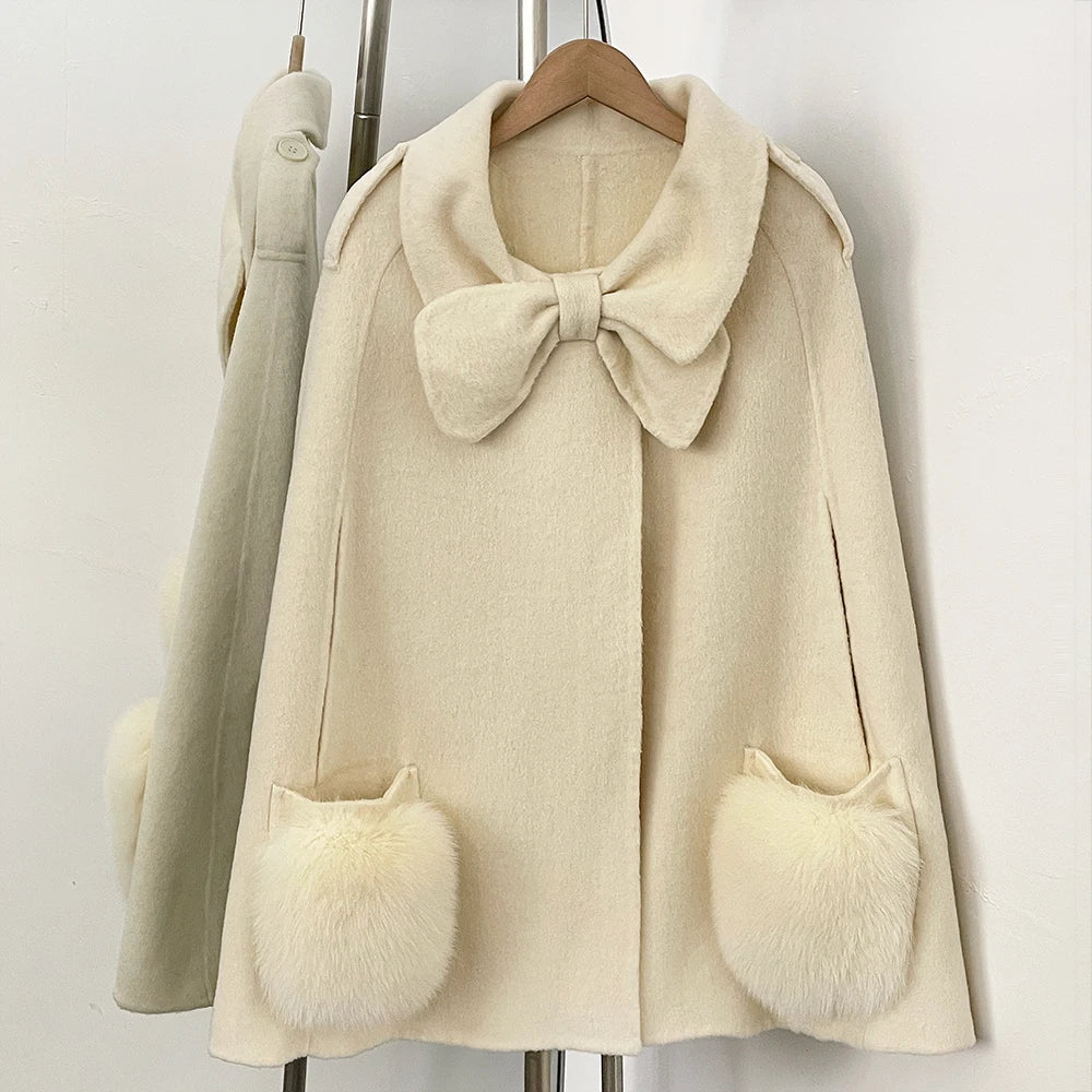 OFTBUY  New Women's Wool Cape Coat with Large Bow Detail Real Fox Fur Pockets Button Closure Winter Elegant Fashion Outerwear