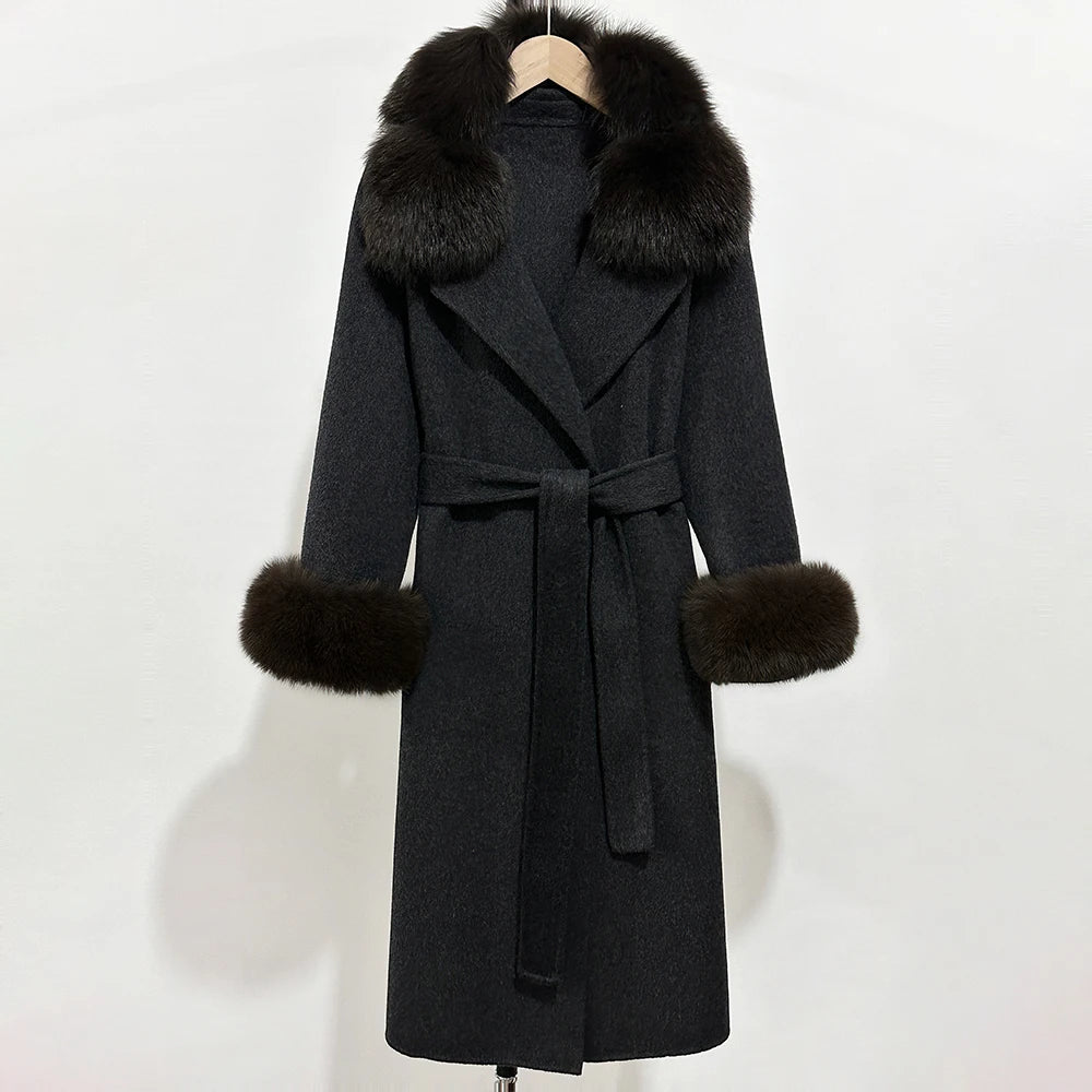 OFTBUY Belted Warm Winter Elegant Fashion Outerwear New Women's Double-Faced Wool Coat with Real Fox Fur Collar and Cuffs