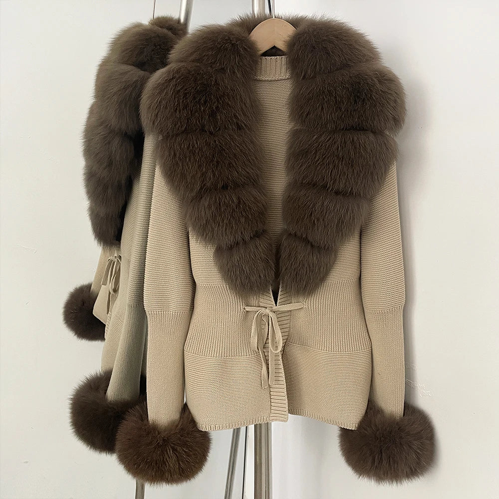 OFTBUY New Autumn Winter Knit Cardigan Women Fashion Warm Clothes with Real Fox Fur Luxury Natural Fur Sweater Jacket Female