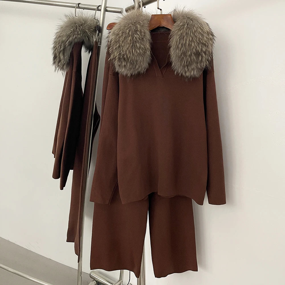 OFTBUY Knitted Pant Set Female Fashion Warm Real Fox Fur Sweater Lady New Autumn Winter Plus Size Woman Clothes Outfits Knitwear