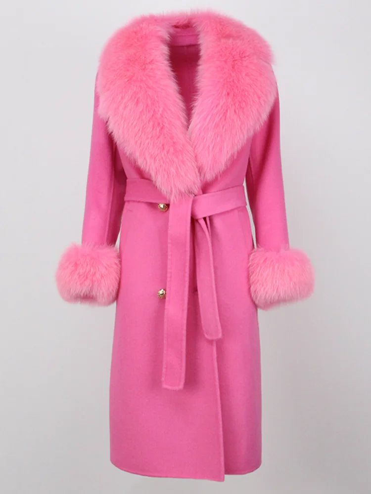 OFTBUY Winter Jacket Women Long Natural Wool Blends Cashmere Real Fur Coat Double Breasted Belt Warm Streetwear New Fashion