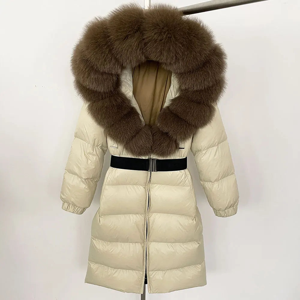 OFTBUY New Natural Thick Warm Duck Down Coat Female Long Winter Jacket Women Real Big Fox Fur Collar Belt Loose Puffer Parka