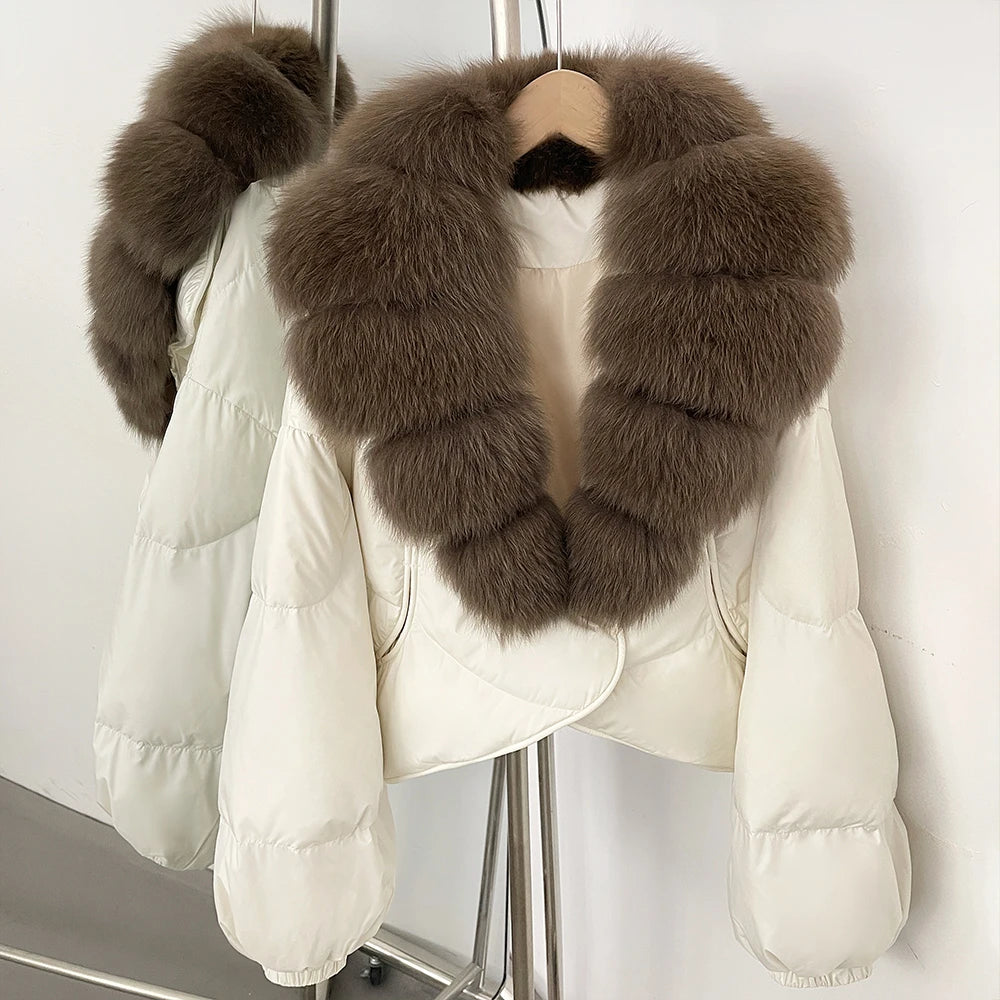 OFTBUY New Winter Real Fox Fur Short Puffer Jackets Women Natural Thick Warm 90% White Duck Down Cropped Loose Waterproof Coat