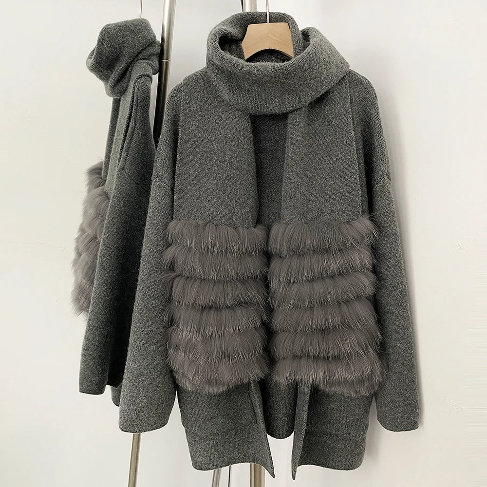 OFTBUY Elegant Cardigan Sweater New Women's Knit Coat with Real Fox Fur Loose Fit Pockets Warm Winter Fashion Cardigan Female