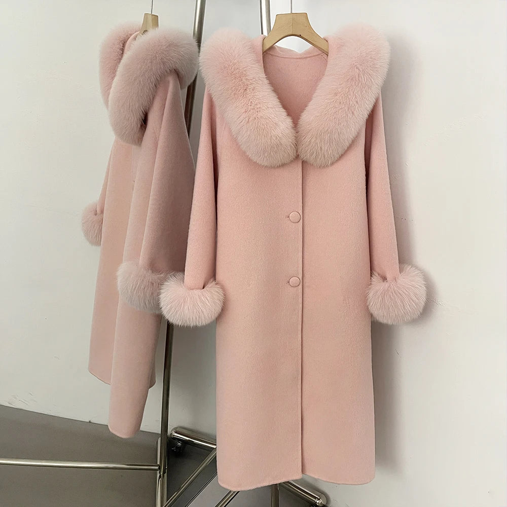 OFTBUY Pompoms Buttons Warm Winter Elegant Outerwear Female New Women's Double Face Wool Coat with Large Real Fox Fur Collar