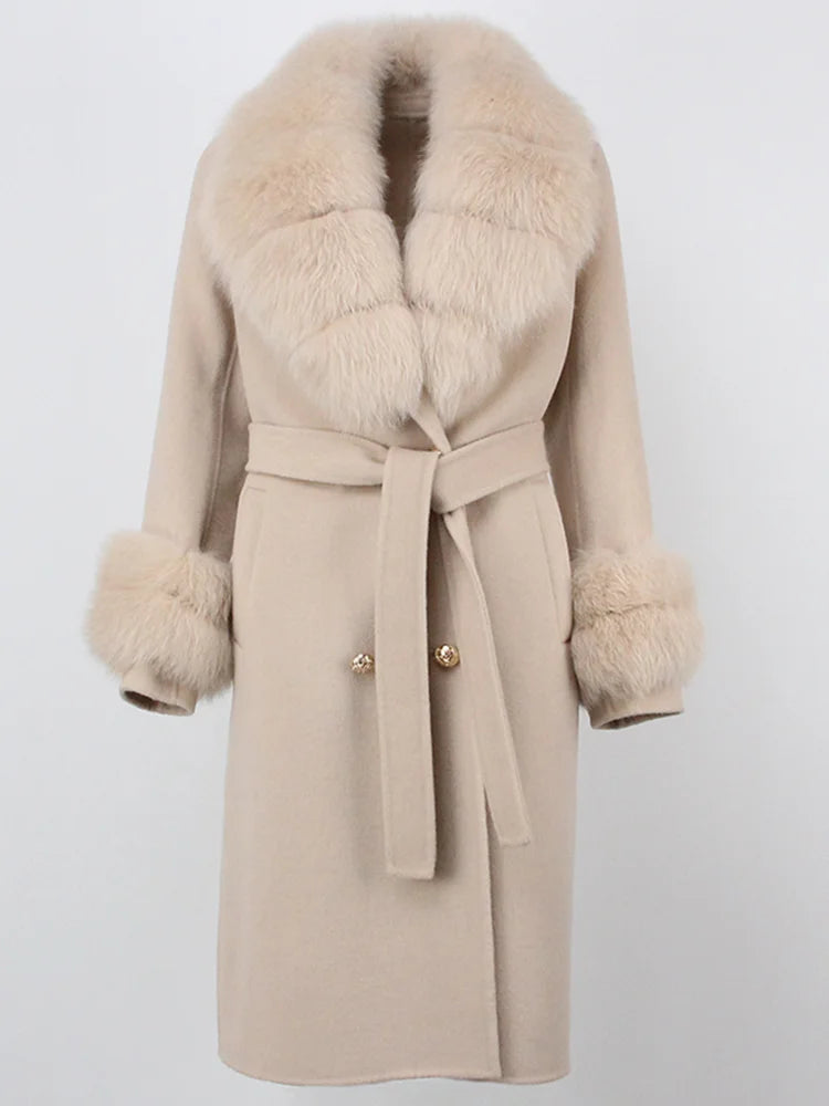 OFTBUY Winter Jacket Women Long Natural Wool Blends Cashmere Real Fur Coat Double Breasted Belt Warm Streetwear New Fashion