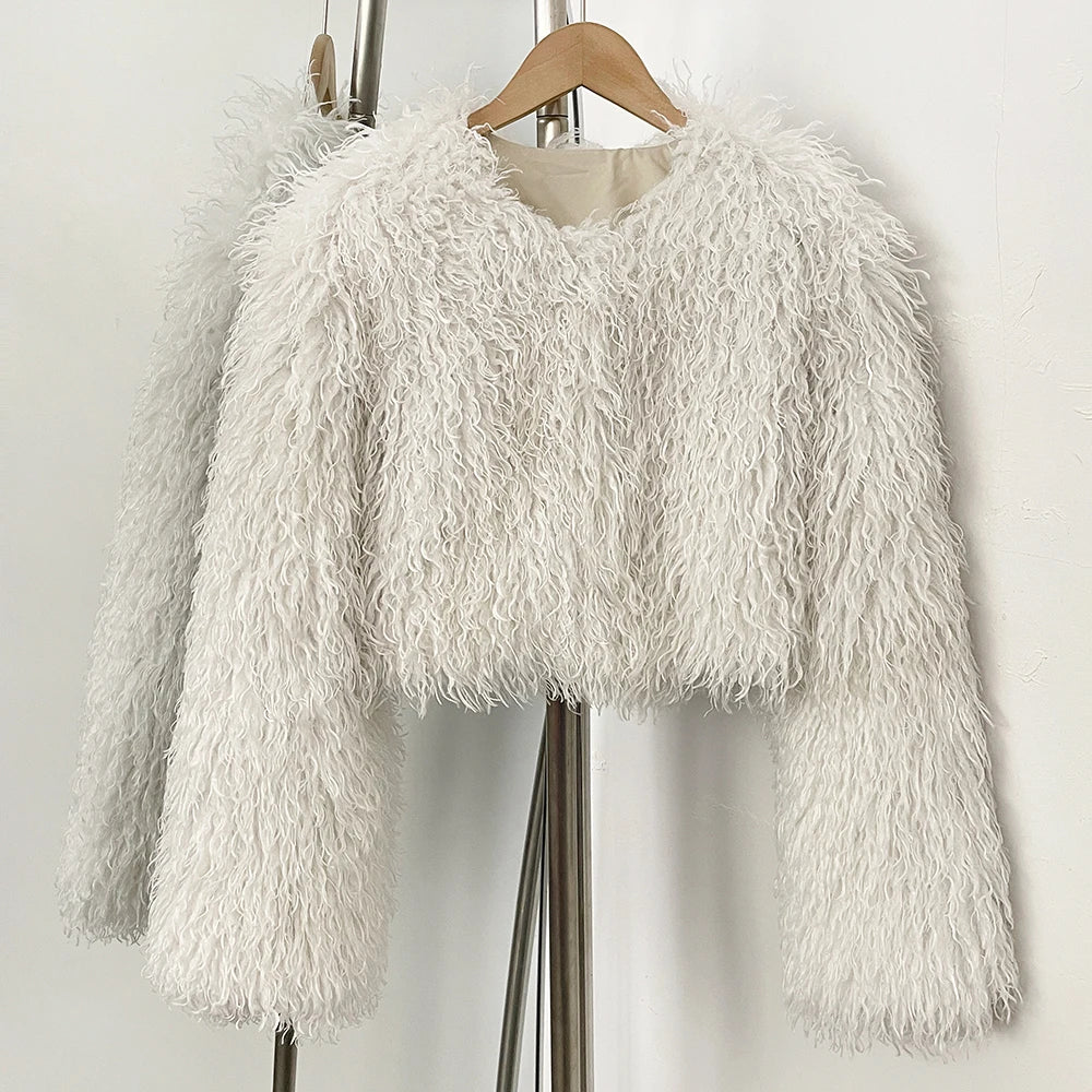 OFTBUY Faux Fur Coat for Women Fur Fluffy Autumn Short Fur Coat Eco-friendly Warm Female New Winter Jacket Long Sleeves O-neck