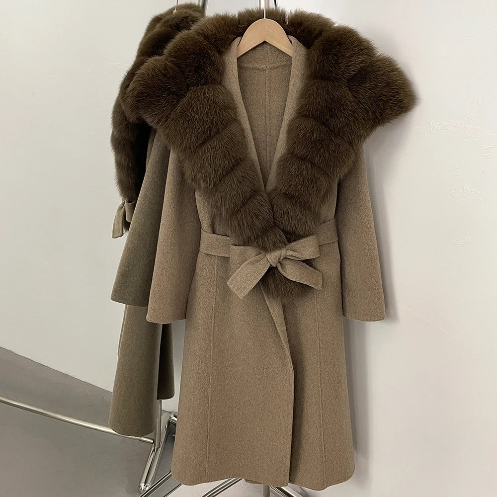 OFTBUY Long Belt Real Fur Wool Coat Female New Autumn Winter Warm Clothes Women Natural Fox Fur Collar Cashmere Woolen Jacket