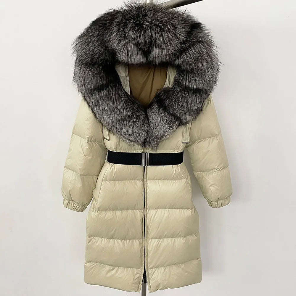 OFTBUY New Natural Thick Warm Duck Down Coat Female Long Winter Jacket Women Real Big Fox Fur Collar Belt Loose Puffer Parka