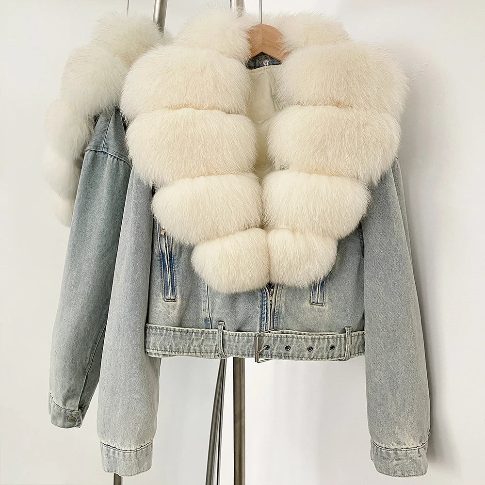 OFTBUY Real Fox Fur Collar Down Inner Lid Denim Jacket Female New Fashion Thick Warm Clothes Women Short Fluffy Puffer Jacket