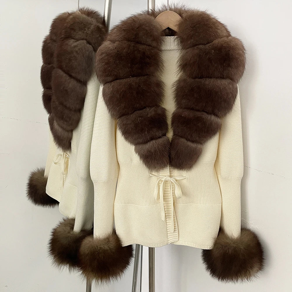 OFTBUY New Autumn Winter Knit Cardigan Women Fashion Warm Clothes with Real Fox Fur Luxury Natural Fur Sweater Jacket Female
