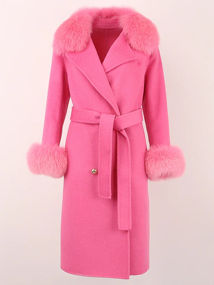 OFTBUY Winter Jacket Women Long Natural Wool Blends Cashmere Real Fur Coat Double Breasted Belt Warm Streetwear New Fashion