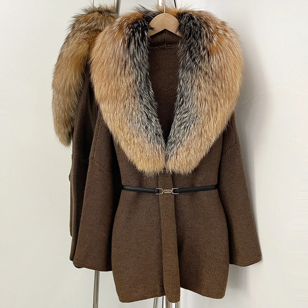 OFTBUY New Autumn Winter Luxury Fashion Outerwear Lady Women's Knit Coat with Large Real Fox Fur Collar Belt Textured Knit Warm