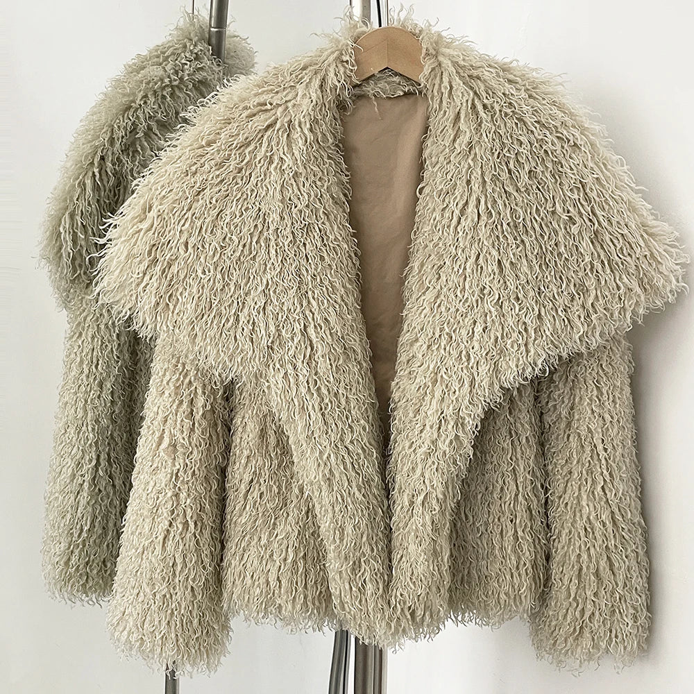 OFTBUY New Autumn Winter Clothes Women Fashion Big Collar Artificial Mongolia Sheep Fur Jacket Luxury Faux Fur Coat Fake Fur Overcoat