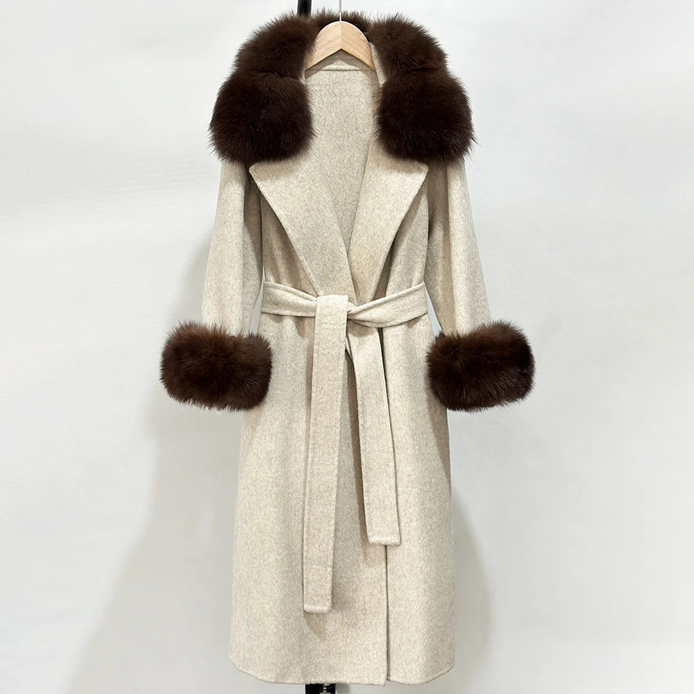 OFTBUY Belted Warm Winter Elegant Fashion Outerwear New Women's Double-Faced Wool Coat with Real Fox Fur Collar and Cuffs
