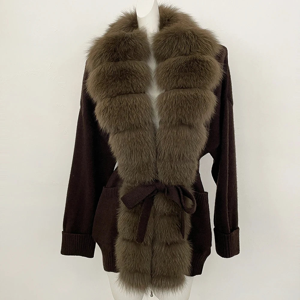 OFTBUY Trim Belted Waist Warm Winter Luxury Fashion Outerwear Sweater Female New Women's Knit Cardigan with Large Real Fox Fur