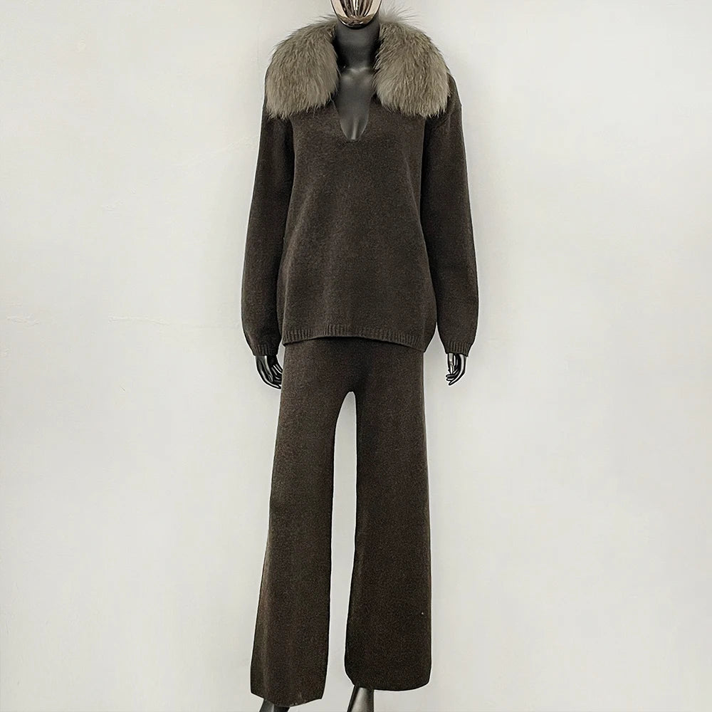 OFTBUY New Women's Knit Two Piece Set with Real Fox Fur Collar Loose Pants Warm Winter Elegant Casual Outfit Sweater Female
