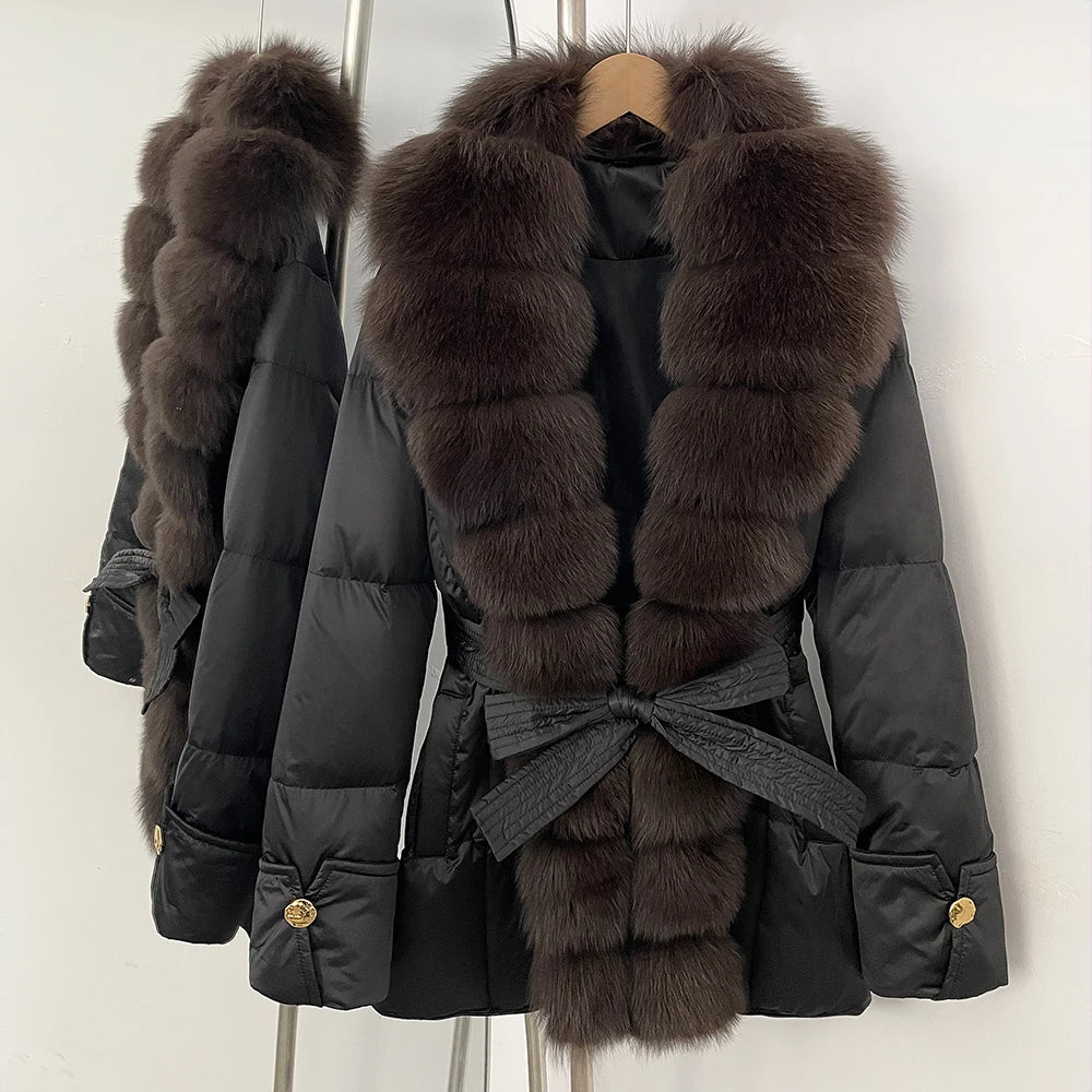 OFTBUY Luxury Women's Down Jacket women Warm Winter Parka Outerwear Duck Down Real Fox Fur Collar Belted Puffer Coat female