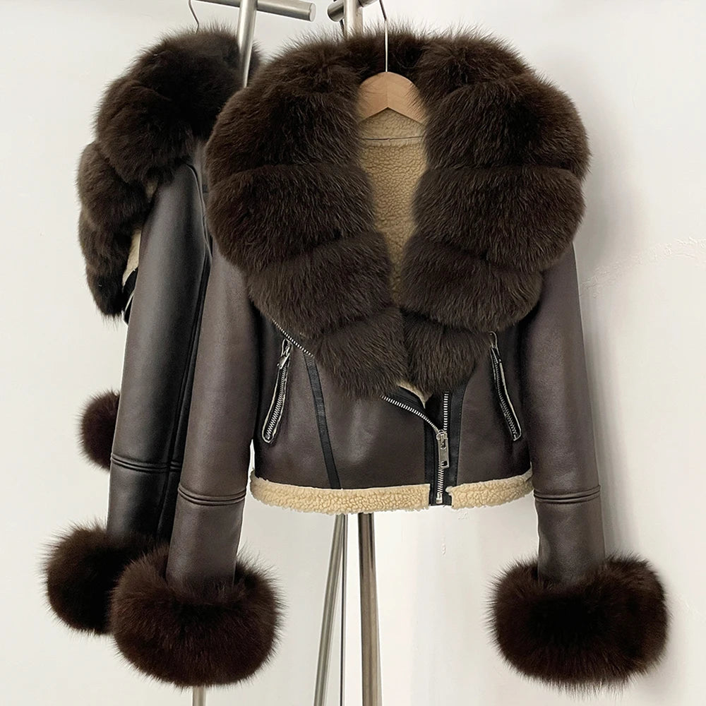 OFTBUY New Winter Real Fox Fur Collar and Cuffs Clothes Women Short Faux Leather Fake Fur Inner Jacket Female Thick Warm Coat