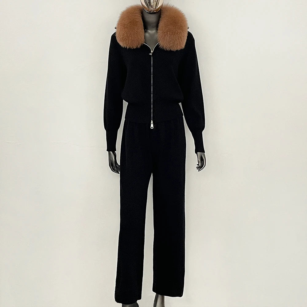 OFTBUY Winter New Women's Knitted Tracksuit Set with Fox Fur Collar Zipper Jacket Wide Leg Pants Luxury Casual Two-Piece Outfit