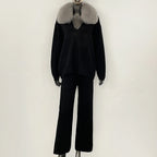 OFTBUY New Women's Knit Two Piece Set with Real Fox Fur Collar Loose Pants Warm Winter Elegant Casual Outfit Sweater Female
