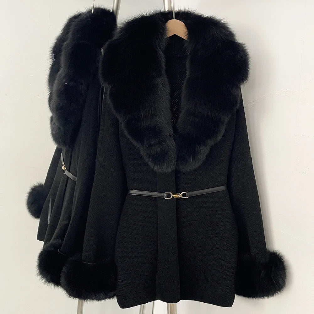 OFTBUY Belt Knit Warm Winter Luxury Casual Fashion Outerwear Sweater Female New Women's Knit Coat with Large Real Fox Fur Collar