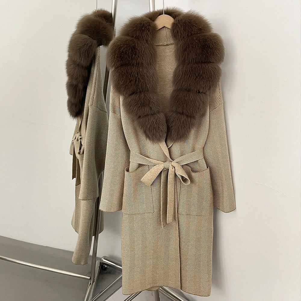 OFTBUY New Women's Knit Coat with Large Real Fox Fur Collar Belted Cardigan Female Winter Elegant Outerwear Warm Long Coat Lady