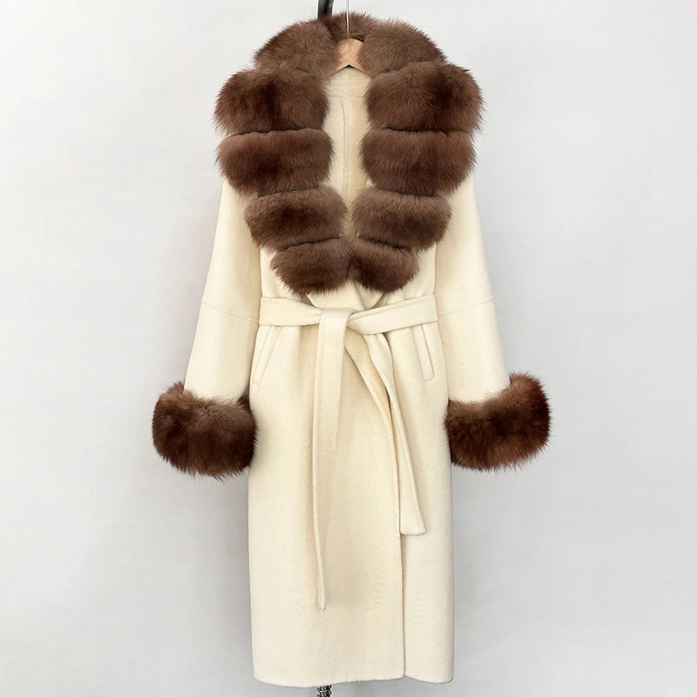 OFTBUY New Women's Double-Faced Wool Coat with Large Real Fox Fur Belted Warm Winter Luxury Fashion Outerwear Woolen Jacket Lady